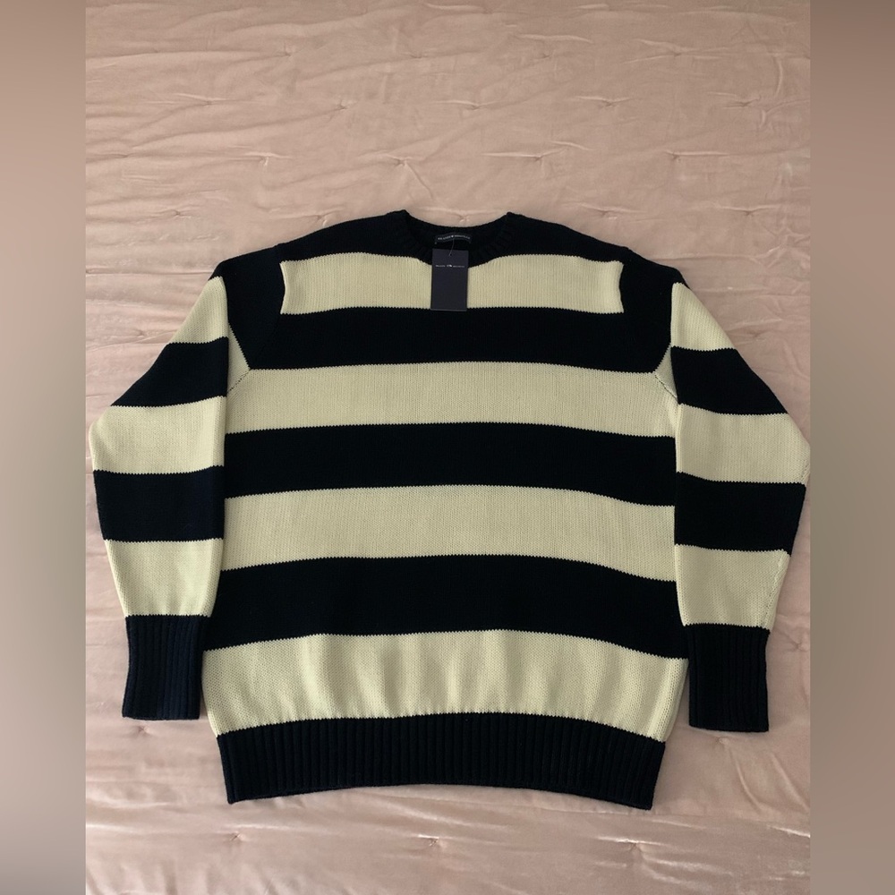 Brandy Melville Blue and Cream Oversized Striped Sweater